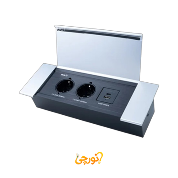 پریز توکار کتابی دو سوکت شارژر دار میلو 1042 نقره ای