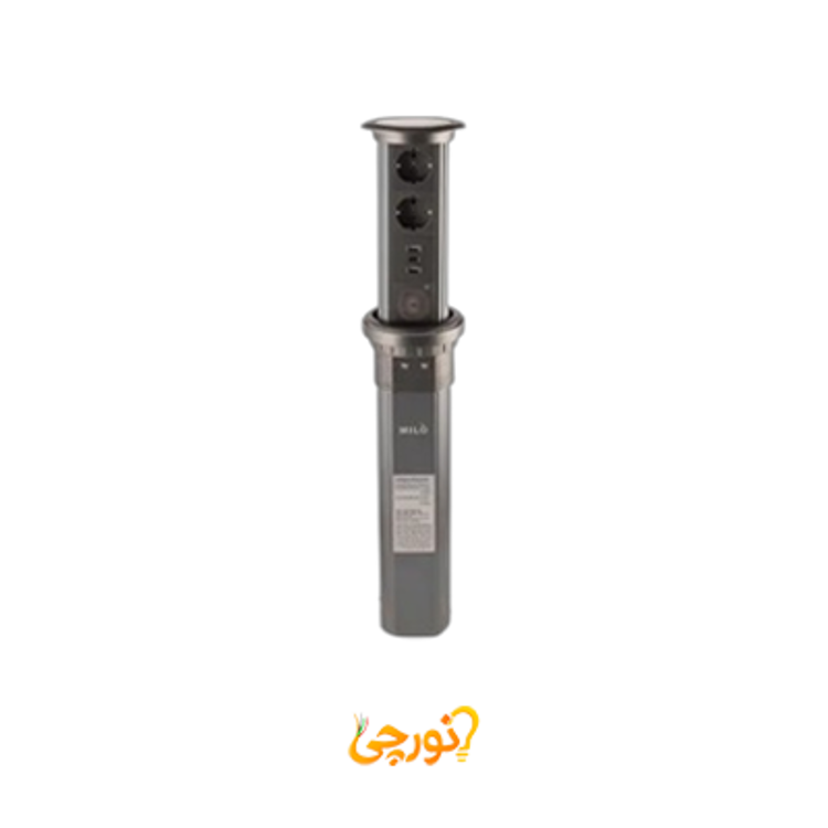 پریز توکار آسانسوری هوشمند میلو 1080 همراه با شارژر بی‌سیم و اسپیکر بلوتوثی خاکستری